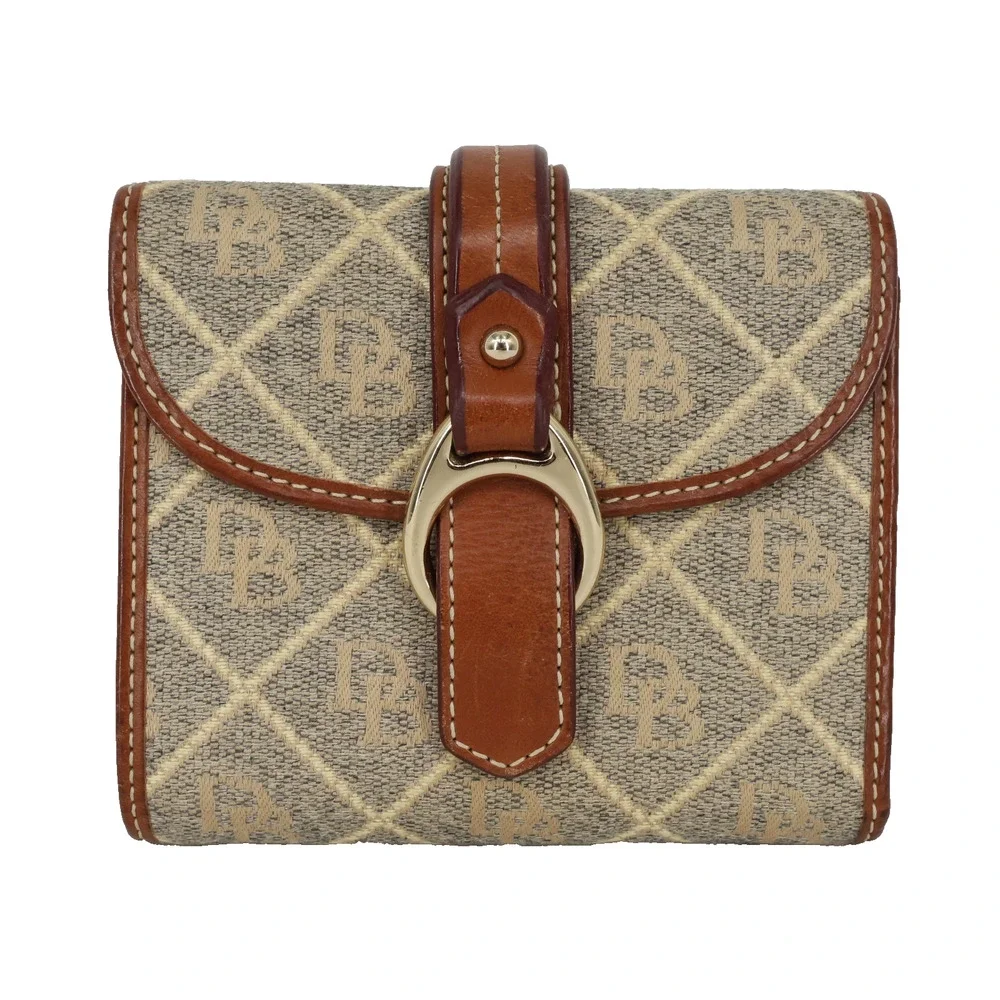 Dooney and Bourke Wallet Womens Beige Brown Fabric Logo Leather Trim Snap Vtg